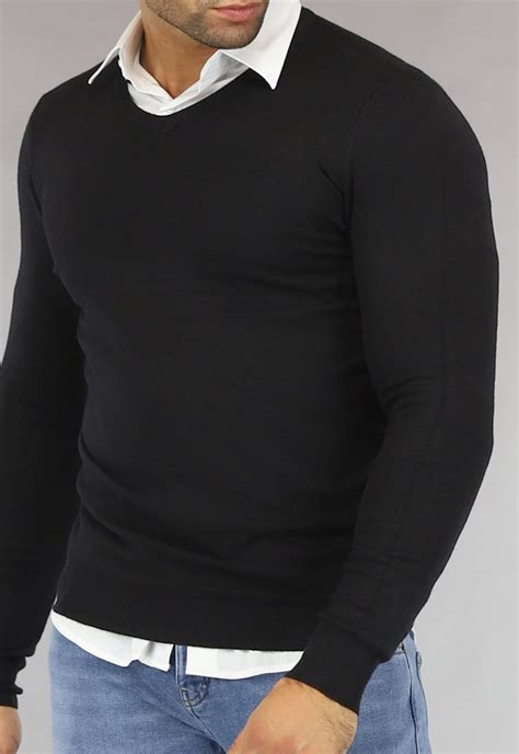 Zwarte Heren Pullover Trui Met V Hals Black Leonl