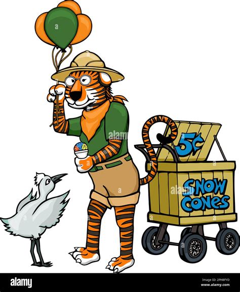 Cartoon Tiger Zookeeper Giving Snow Cone To Bird Stock Vector Image