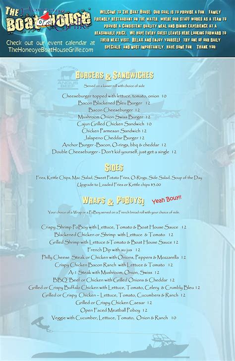 Menu at The Honeoye Boat House Grille pub & bar, Honeoye