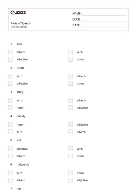 50 Parts Of Speech Worksheets For 2nd Year On Quizizz Free And Printable