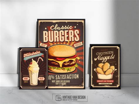 retro fast food prints set   printable wall art  retro cheeseburger