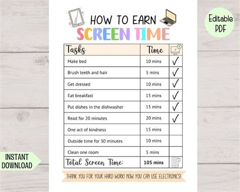 Screen Time Chart Checklist Editable Printable Screen Time Chore Chart