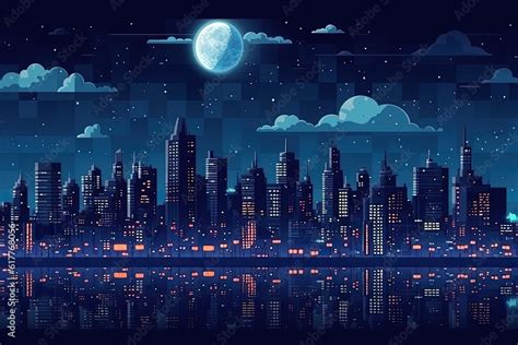 Urban Landscape Of Modern Night City With Moon And Stars Pixel Art