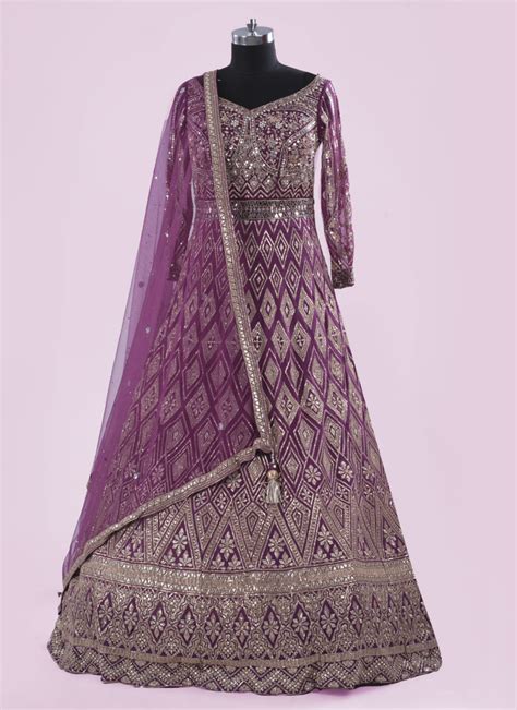 purple color designer embroidered gown