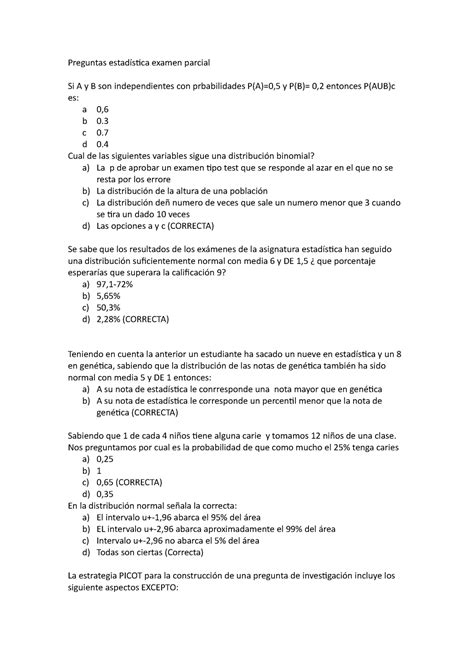 Parcial Octubre Preguntas Y Respuestas Preguntas Estad Stica