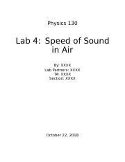 Lab Report 4 Docx Physics 130 Lab 4 Speed Of Sound In Air By XXXX