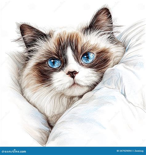 Ragdol Cat Resting Sketch, Drawing Stock Illustration - Illustration of