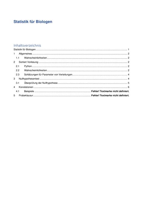 Statistik Zusammenfassung Statistik für Biologen Inhaltsverzeichnis