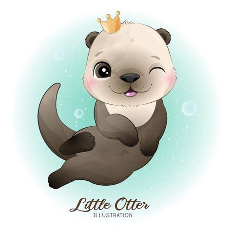 Premium Vector Cute Litter Otter With Watercolor Illustration