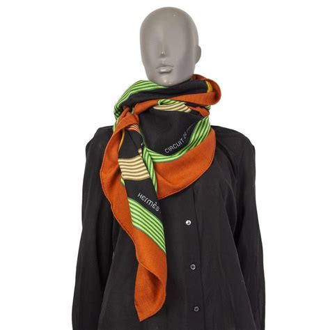 auth HERMES black orange CIRCUIT 24 FAUBOURG 140 cashmere silk Shawl