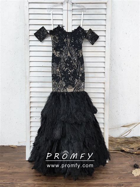 Sparkly Black Sequin And Feather Off The Shoulder Mermaid Formal Prom