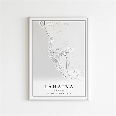 Digital Lahaina Maui Hawaii Print Set of 6, Black and White Lahaina Map