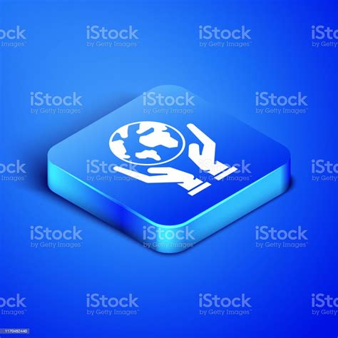 Isometric Human Hands Holding Earth Globe Icon Isolated On Blue