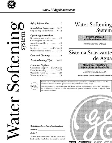 GE GXSF39E01 User Manual WATER SOFTENER Manuals And Guides L0608197