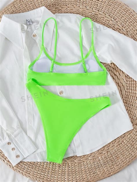 Shein Swim Basics Summer Beach Neon High Cut Bikini Bathing Suit