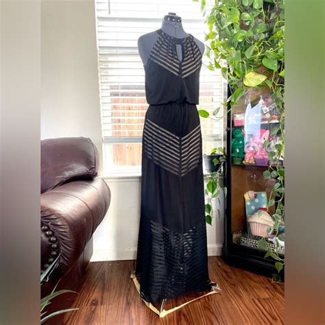 London Times Dresses Sz 2 Black Nude Maxi Gown Sheer Panel Nude Cut