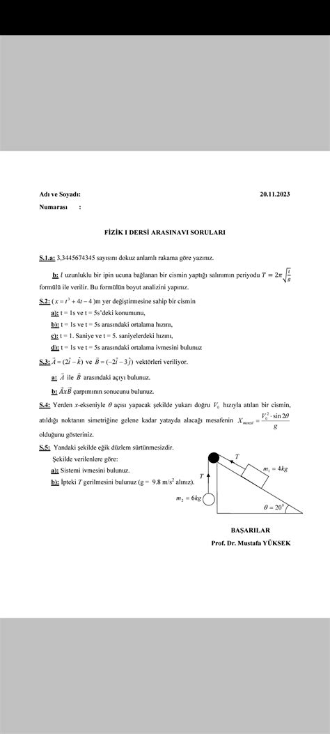 Solved Ad Ve Soyad 20 11 2023 Numaras Fzk I Ders Arasinavi Sorulari S 1 A 3