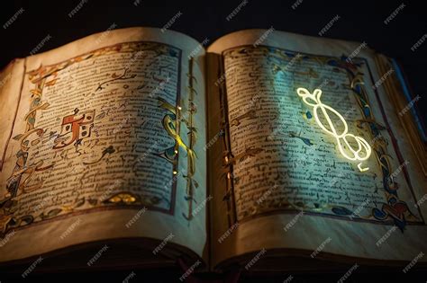 Illuminated manuscript with glowing symbols | Premium AI-generated image