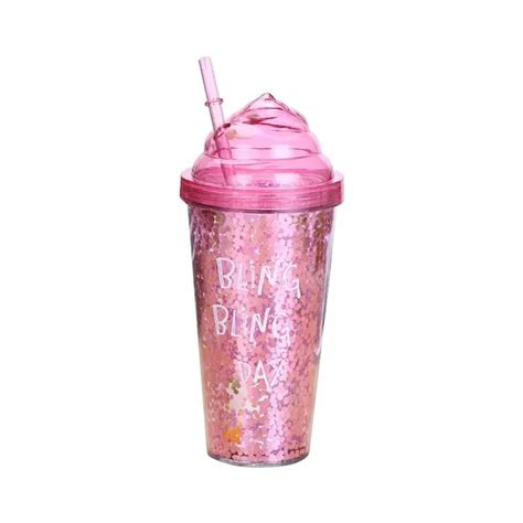 New 500ml Glitters Pattern Double Layer Plastic Straw Bottle Innovative Gift Ice Cream Straw ...