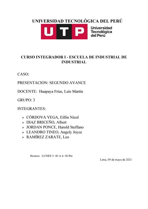 Integrador Segundo Avance Grupo 3 UNIVERSIDAD TECNOLÓGICA DEL PERÚ