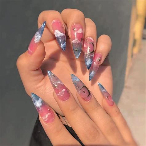 Amazon Yosomk Pink Sky Press On Nails Long With Designs Moon And