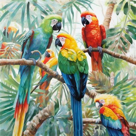 Premium AI Image | There are four colorful birds sitting on a branch in the jungle generative ai