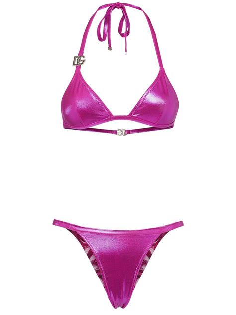 Dolce Gabbana Laminated Jersey Triangle Bikini Set Pink Fuchsia