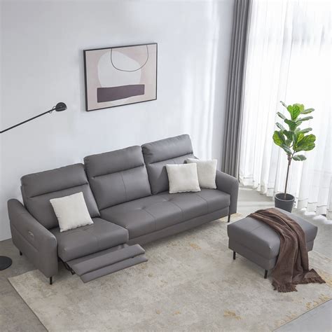 Modern Genuine Leather Sectional Sofa with Ottoman& Recliner, Top Grain ...