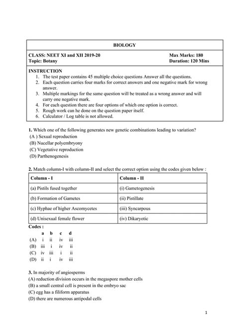 Neet Botany Question Paper Pdf