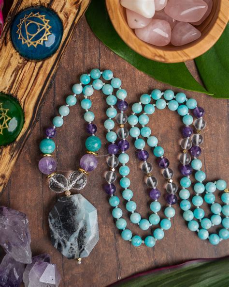 Amazonite Amethyst Quartz Crystal Hand Knotted Mala Earth Fire