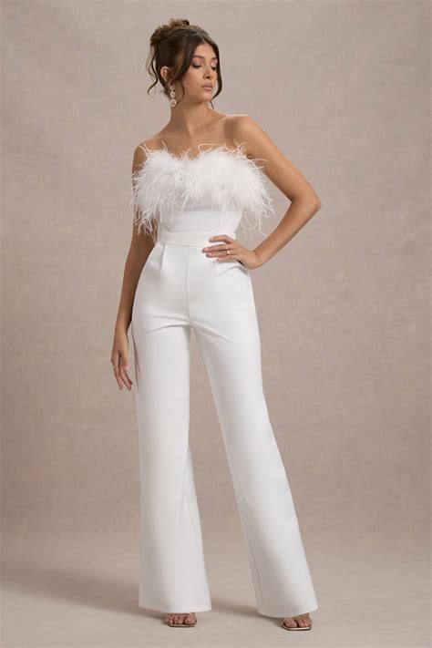 First Class White Bandeau Feather Wide Leg Jumpsuit Club L London Uk