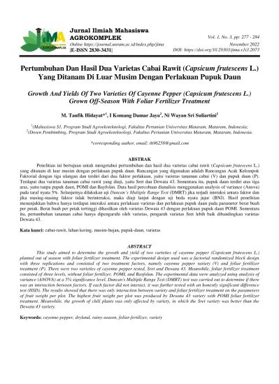 Pertumbuhan Dan Hasil Dua Varietas Cabai Rawit Capsicum Frutescens L