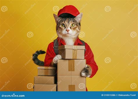 Delivery Service Cat Dressed As A Courier With Boxes For Delivery