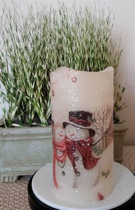 Snowman Winter Flameless Candle W Timer Snowman Flameless Etsy