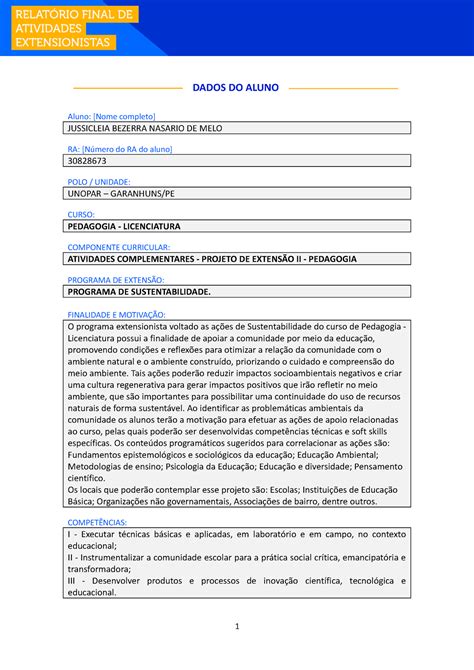 Projeto Extensao Dados Do Aluno Aluno Nome Completo Jussicleia