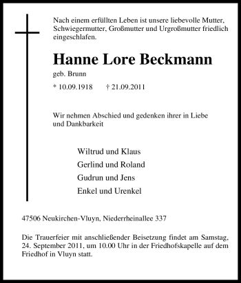 Traueranzeigen Von Hanne Lore Beckmann Trauer In Nrw De