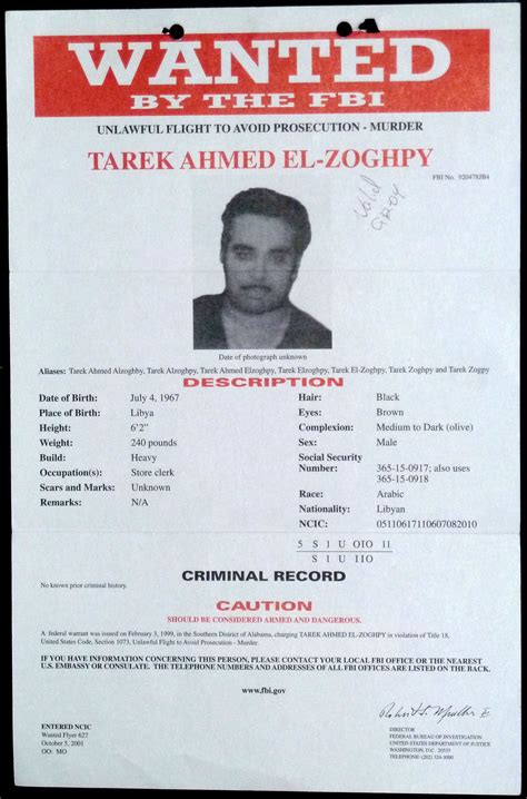 FBI Wanted Poster - Tarik Ahmed El-Zoghpy - Wanted for Murder