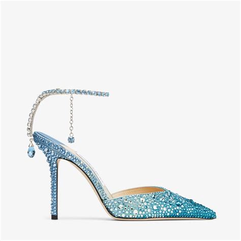 Jimmy Choo Saeda 100 Peacock Satin Pumps With Crystal Embellishment