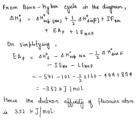 Calculate the electron affinity of fluorine atom using the following data . Make Born-Haber's ...