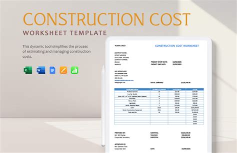 Construction Cost Worksheet Template in Apple Numbers, Word, Pages ...