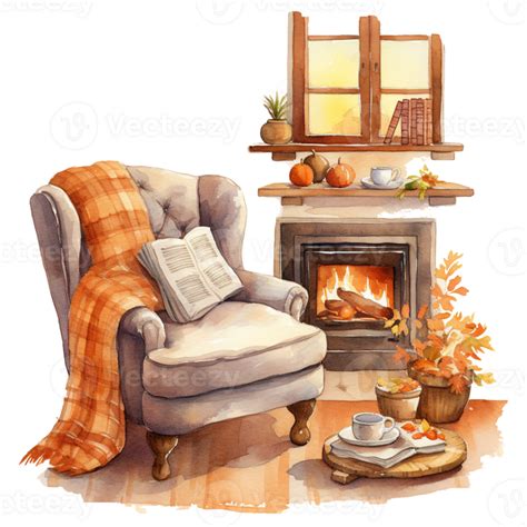 Autumn Fall Cozy Reading Nooks With Book On Chair And Wooden Oven With