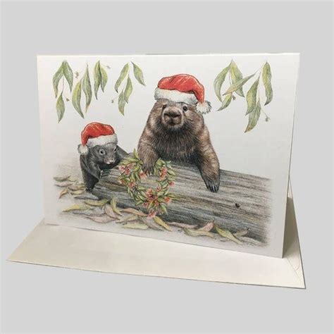 Christmas Card With Bare Nosed Wombats In Santa Hatsfront Of This Card