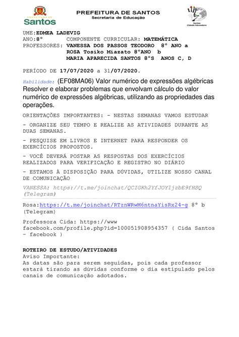 Matematica - 8oa-b-c-d - el - 17072020 - UME: EDMEA LADEVIG ANO: 8∫