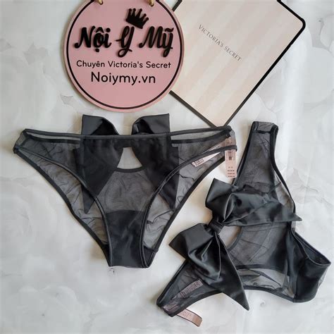 Quần lót Victoria Secret bikini ren lưới nơ lụa phía sau màu đen Nội y Mỹ