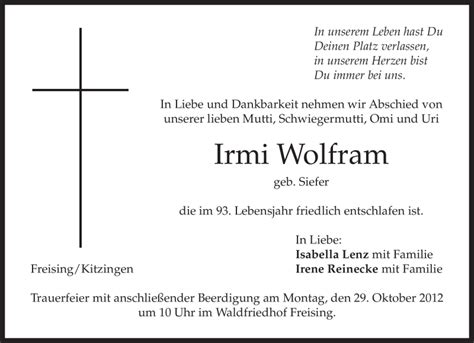 Traueranzeigen Von Irmi Wolfram Trauer Merkur De