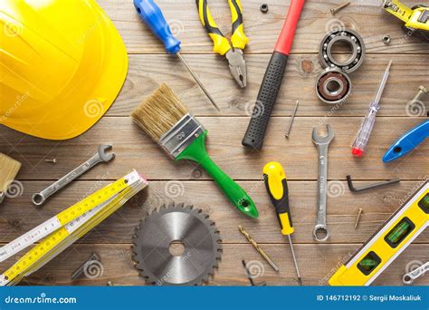 Set Of Tools And Instruments At Wooden Background Stock Photo Image