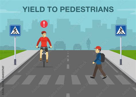 Safety bicycle driving rules. Cyclist turned his head and looking at pedestrian crossing the ...