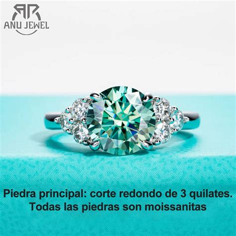 Anujewel Ct Corte Redondo Azul Verde Color Moissanite Anillo De