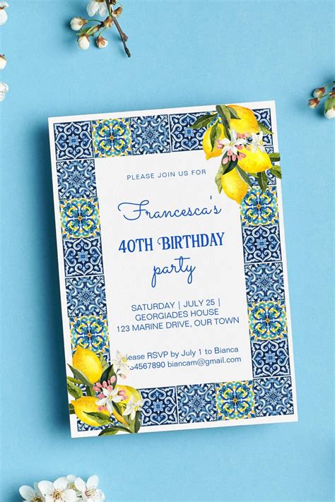 Blue Majolica Tiles Lemons Mediterranean Birthday Invitation Zazzle