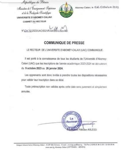 Universit D Abomey Calavi Voici Le D Lai Fix Pour Les Inscriptions